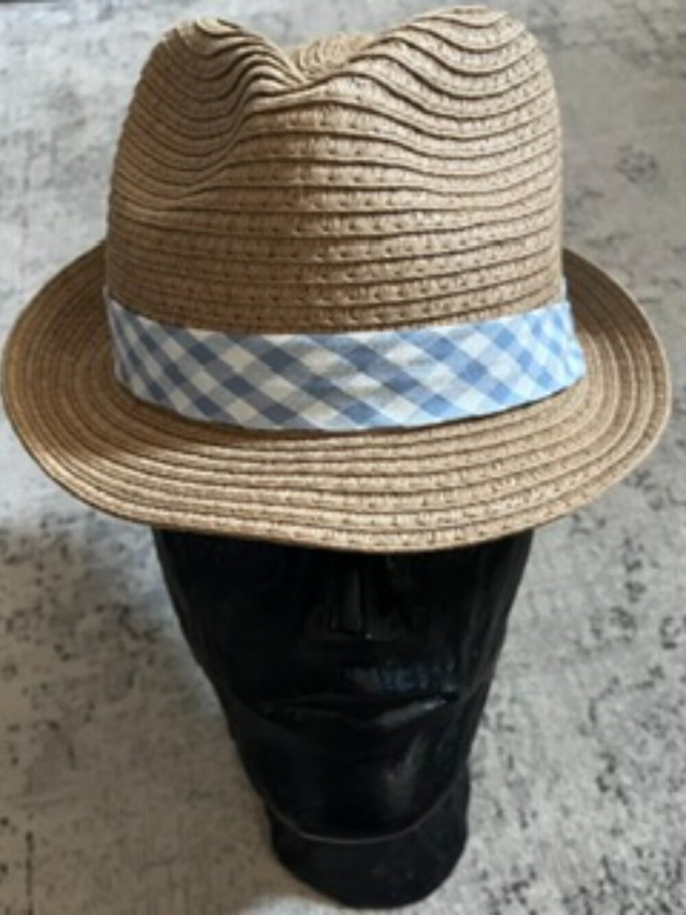 🧡3/$15 Tan Straw Fedora Hat/Sun Hat with Blue-and-White Checkered Hatband Kids